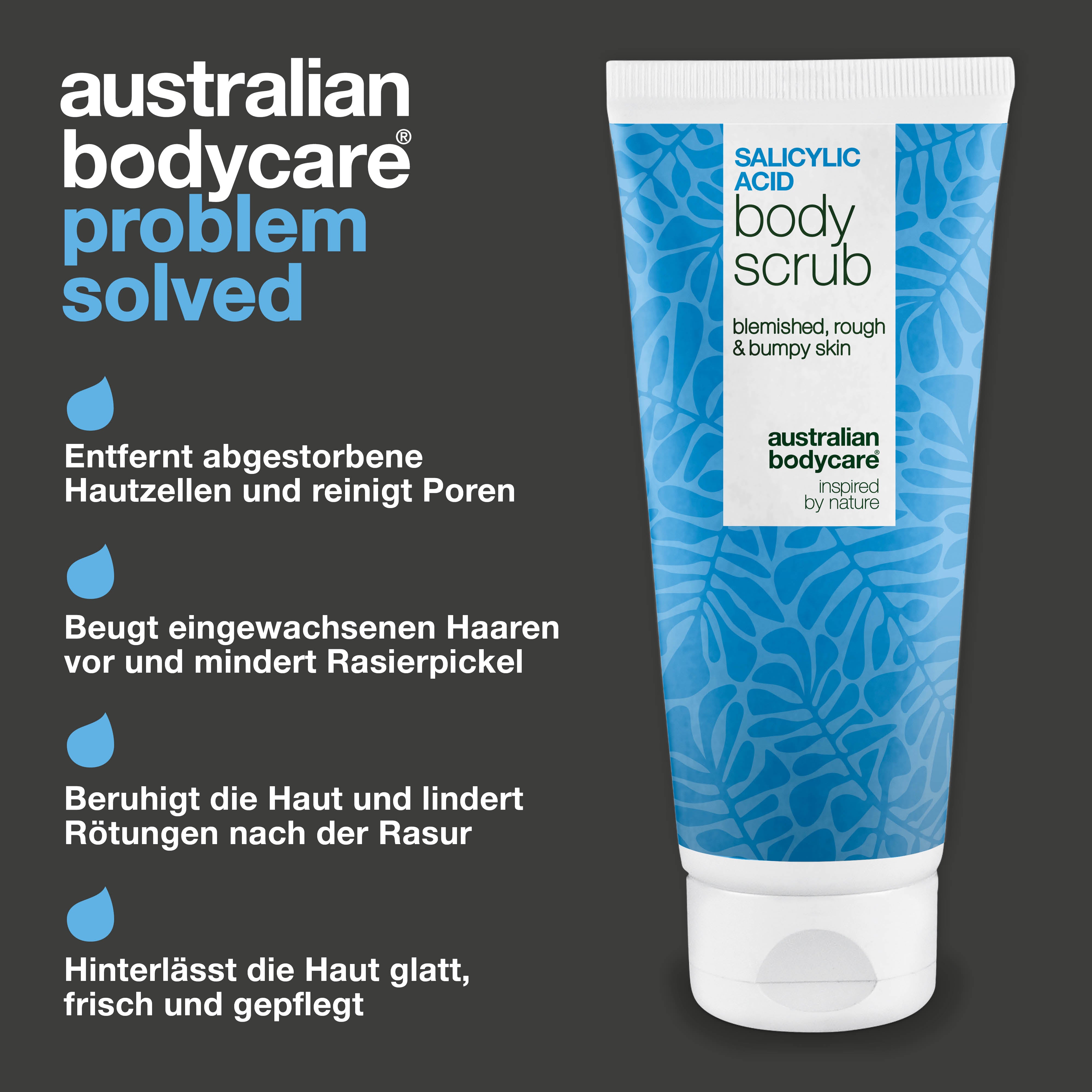 Shave Scrub für eine glatte, gepflegte Haut ohne Rasurbrand oder Pickel. Wichtige Inhaltsstoffe: Salicylsäure, Glycolsäure, Glycerin und Allantoin.