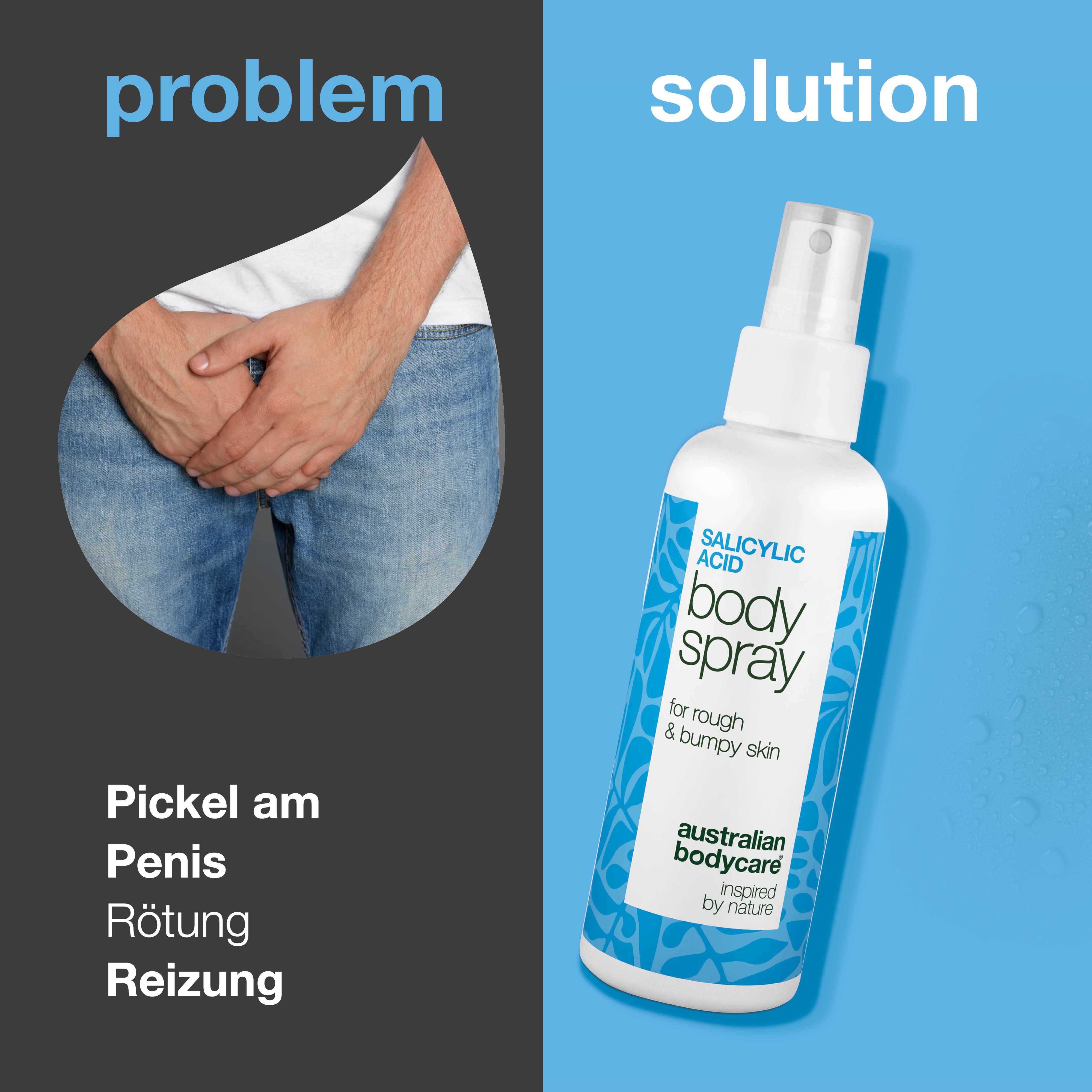 Spray für Pickel am Penis beugt neuen Ausbrüchen vor und klärt die Haut. Enthält Salicylsäure, Glykolsäure, Glycerin, Panthenol und Zinklactat.