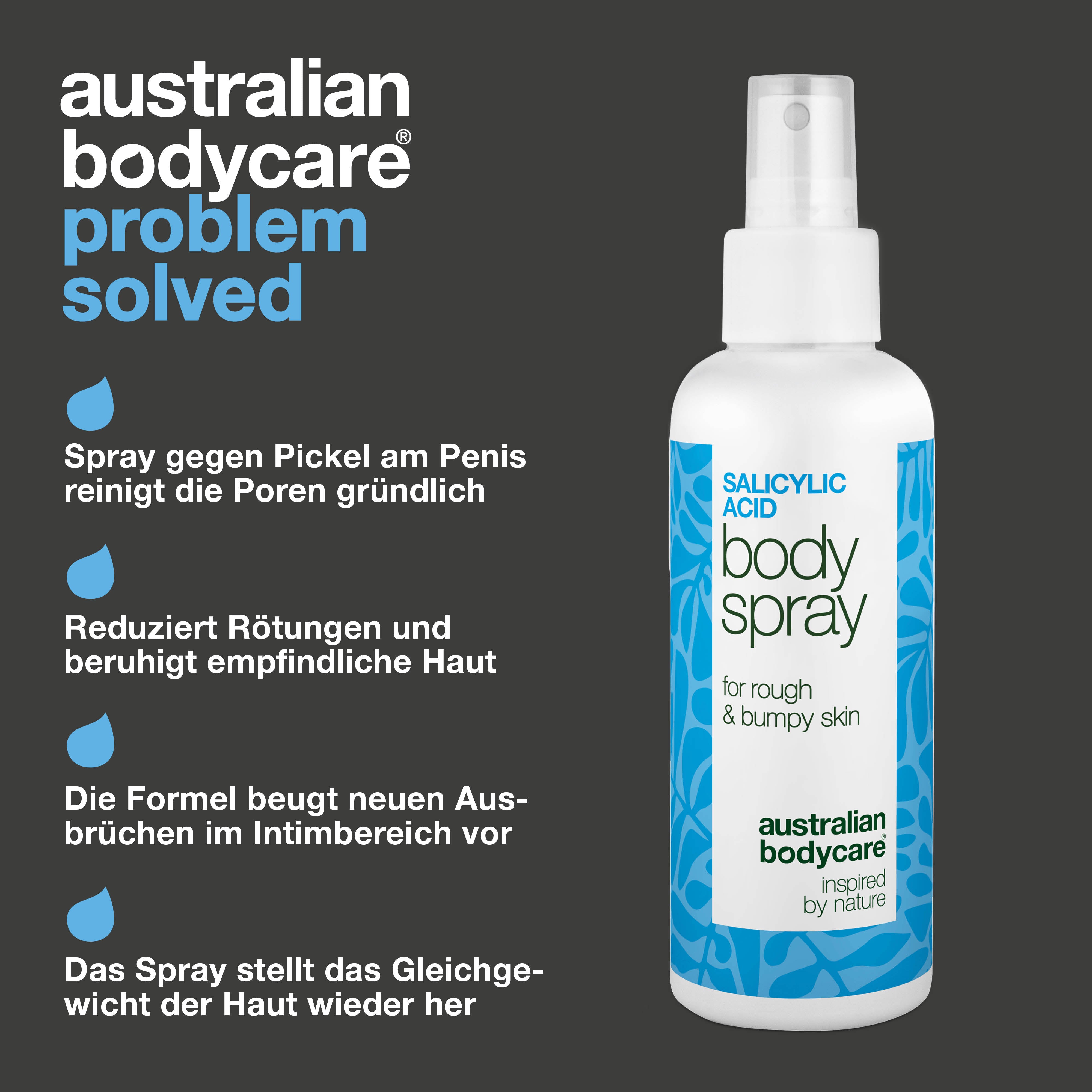 Spray für Pickel am Penis beugt neuen Ausbrüchen vor und klärt die Haut. Enthält Salicylsäure, Glykolsäure, Glycerin, Panthenol und Zinklactat.