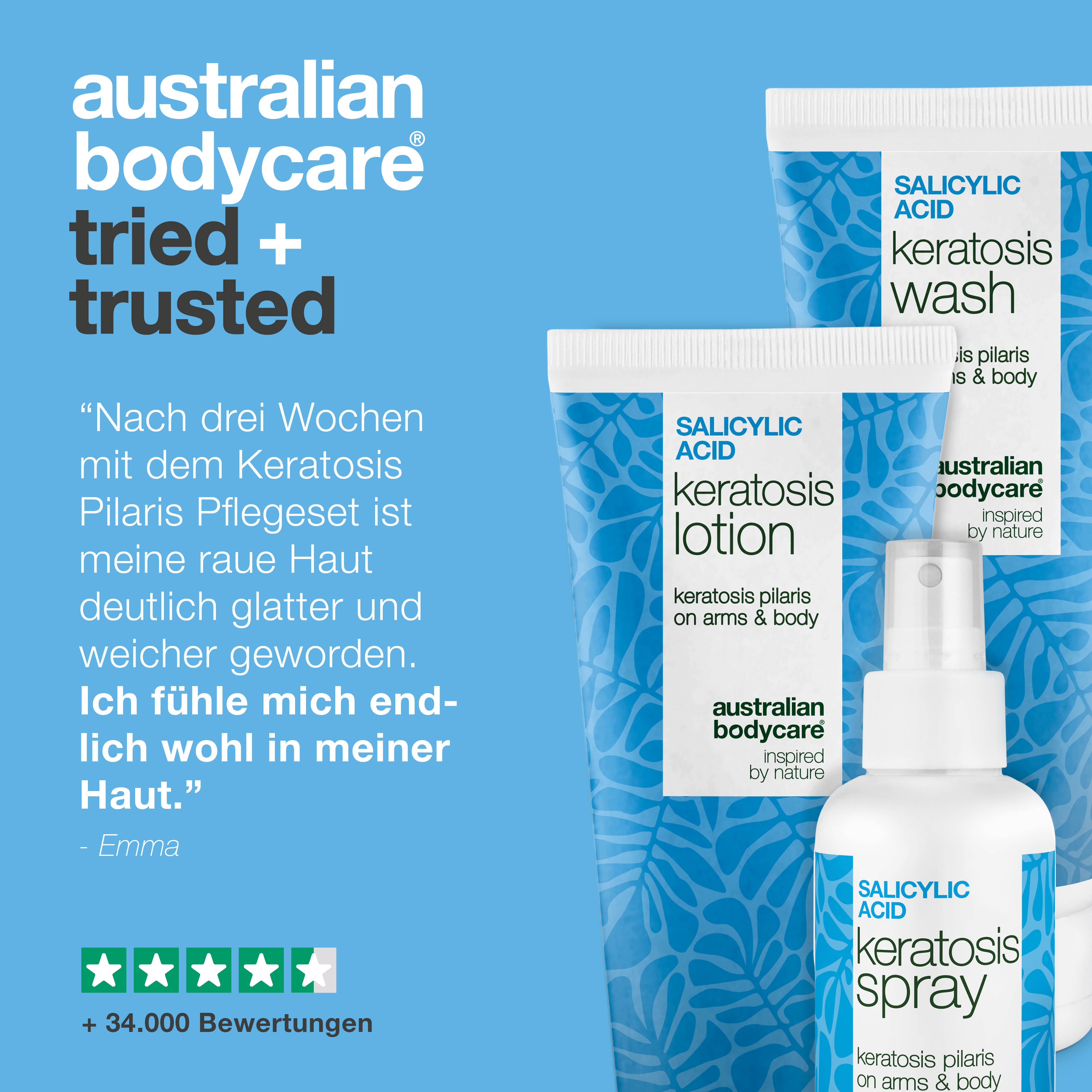 3er Körperset gegen Keratosis Pilaris – Glättet raue Haut — Pflegeset bei Reibeisenhaut/Erdbeerhaut reduziert raue, unebene Haut. Macht Arme, Beine (Erdbeerbeine) und Po spürbar glatt und weich.