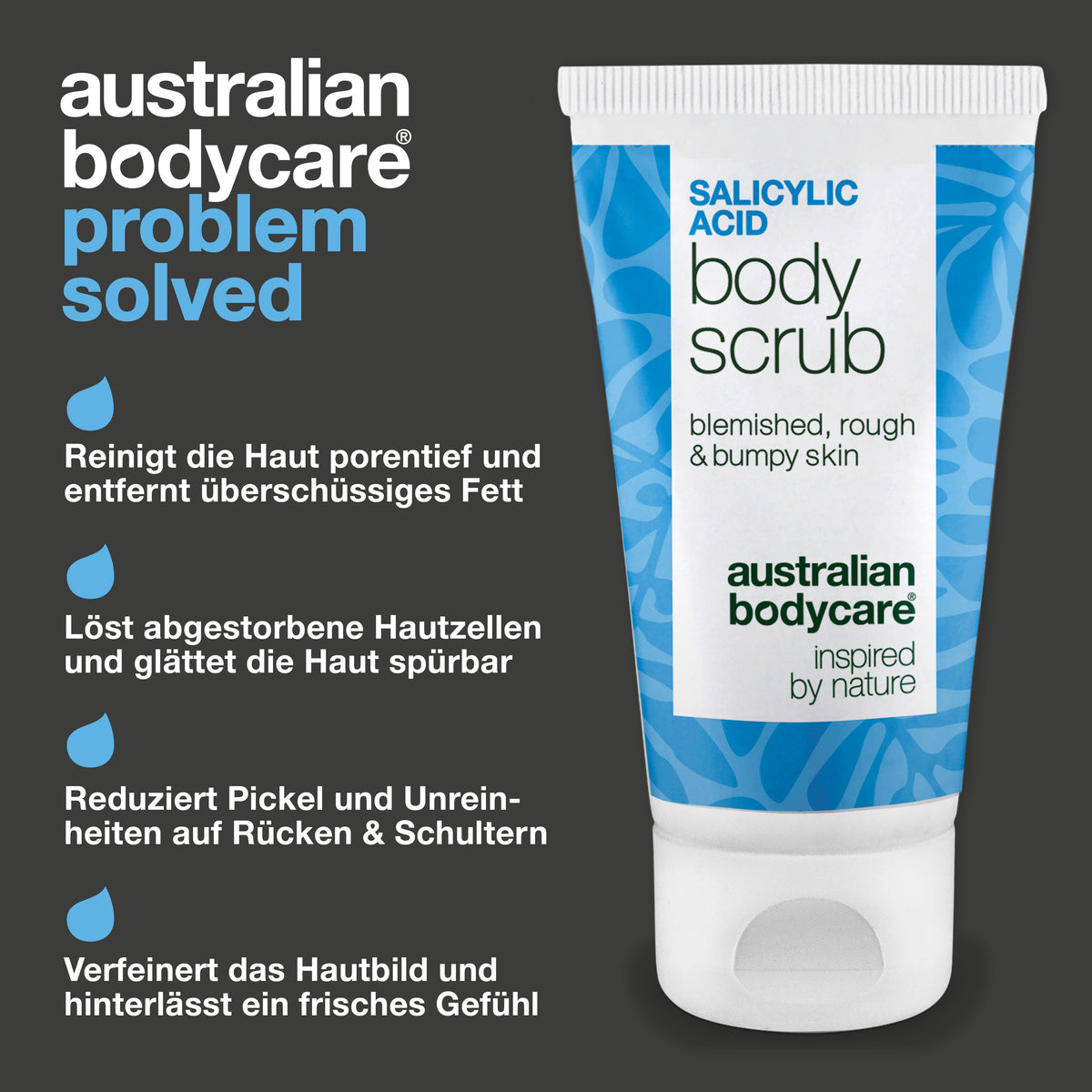 Salicylic Acid Body Scrub reinigt die Haut in der Tiefe und entfernt überschüssigen Talg, löst abgestorbene Hautzellen, reduziert Pickel an Rücken, Schultern und Brust und glättet raue Haut