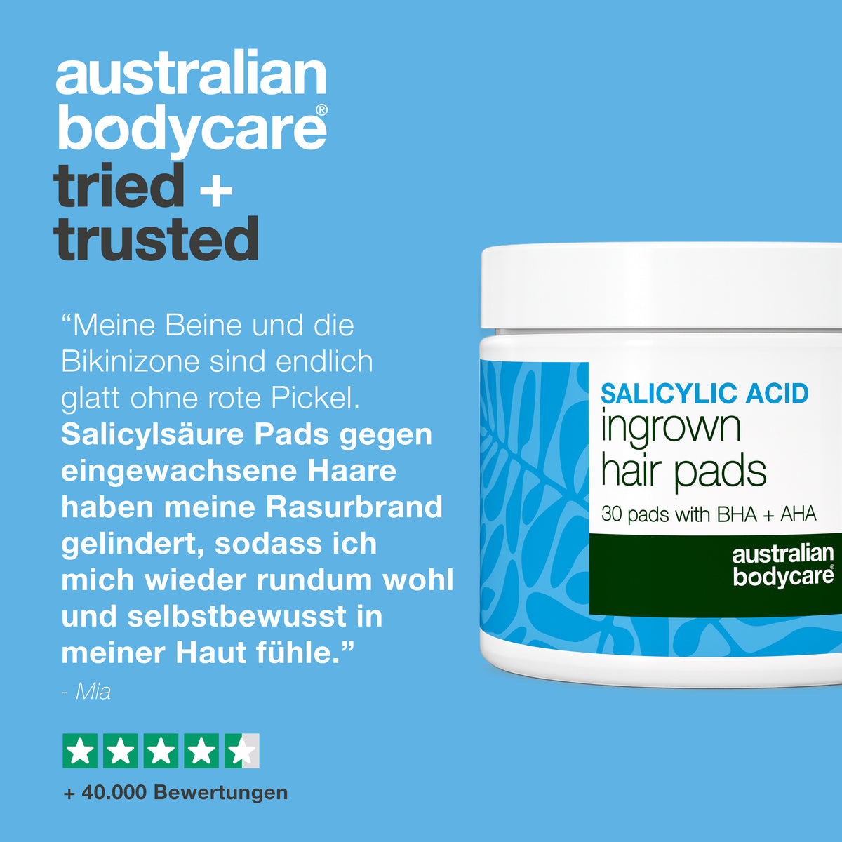 Kundenbewertung der Australian Bodycare Salicylsäure-Pads gegen eingewachsene Haare, gezeigt mit viereinhalb Sternen und über 40.000 Bewertungen.