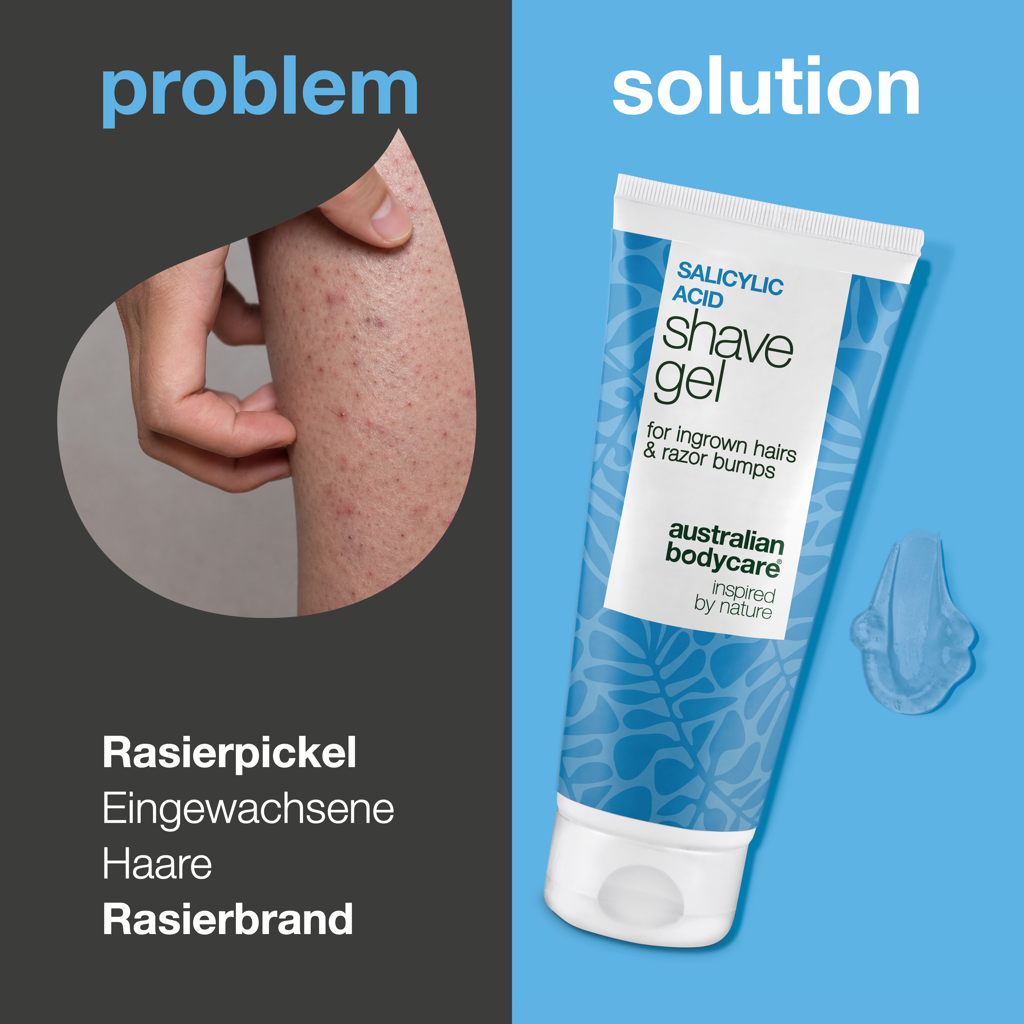 Salicylsäure Rasiergel gegen eingewachsene Haare — Salicylsäure Rasiergel gegen eingewachsene Haare & Juckreiz. Mit Salicylsäure, Glycerin und Panthenol für eine Haut ohne Irritationen.