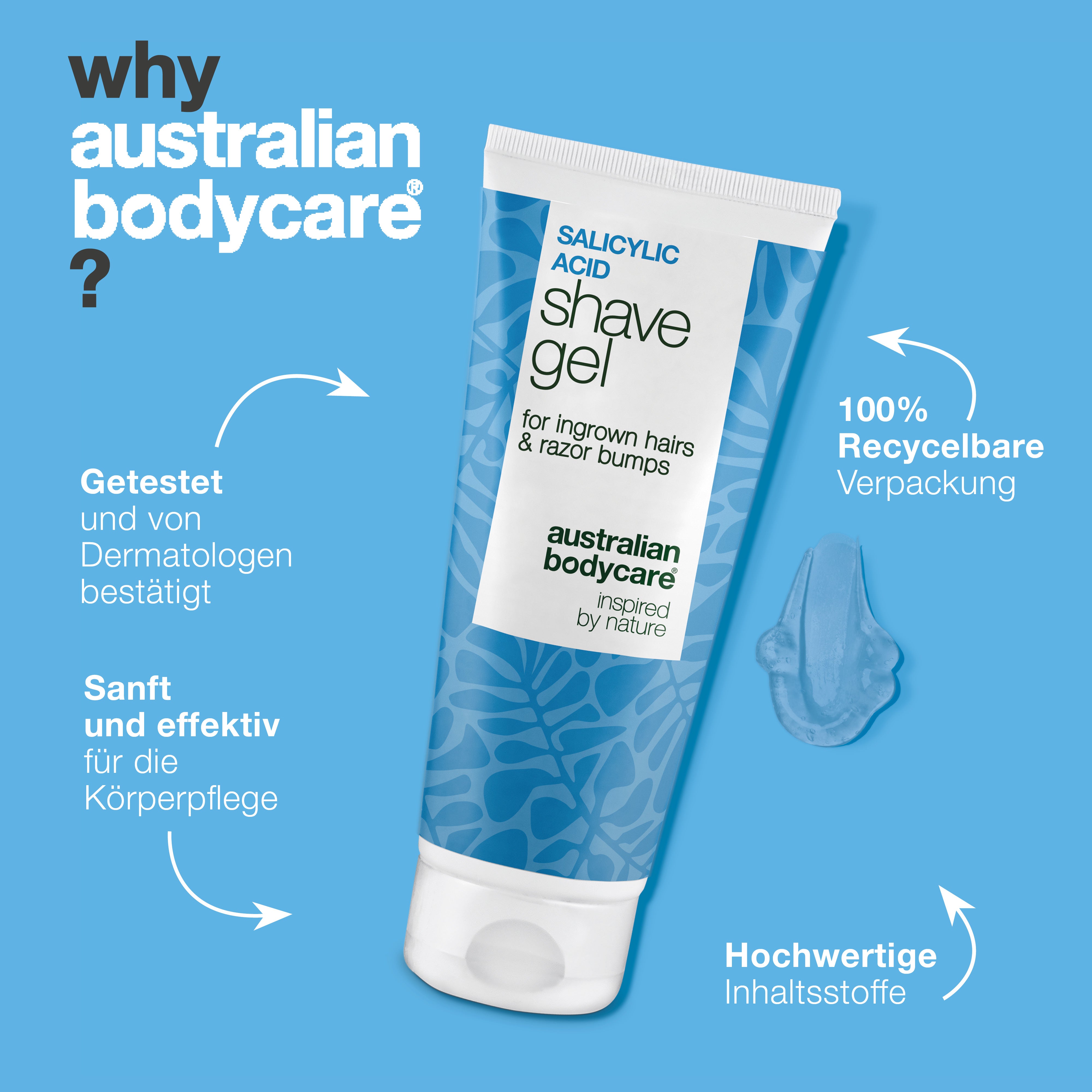 Salicylsäure Rasiergel gegen eingewachsene Haare — Salicylsäure Rasiergel gegen eingewachsene Haare & Juckreiz. Mit Salicylsäure, Glycerin und Panthenol für eine Haut ohne Irritationen.