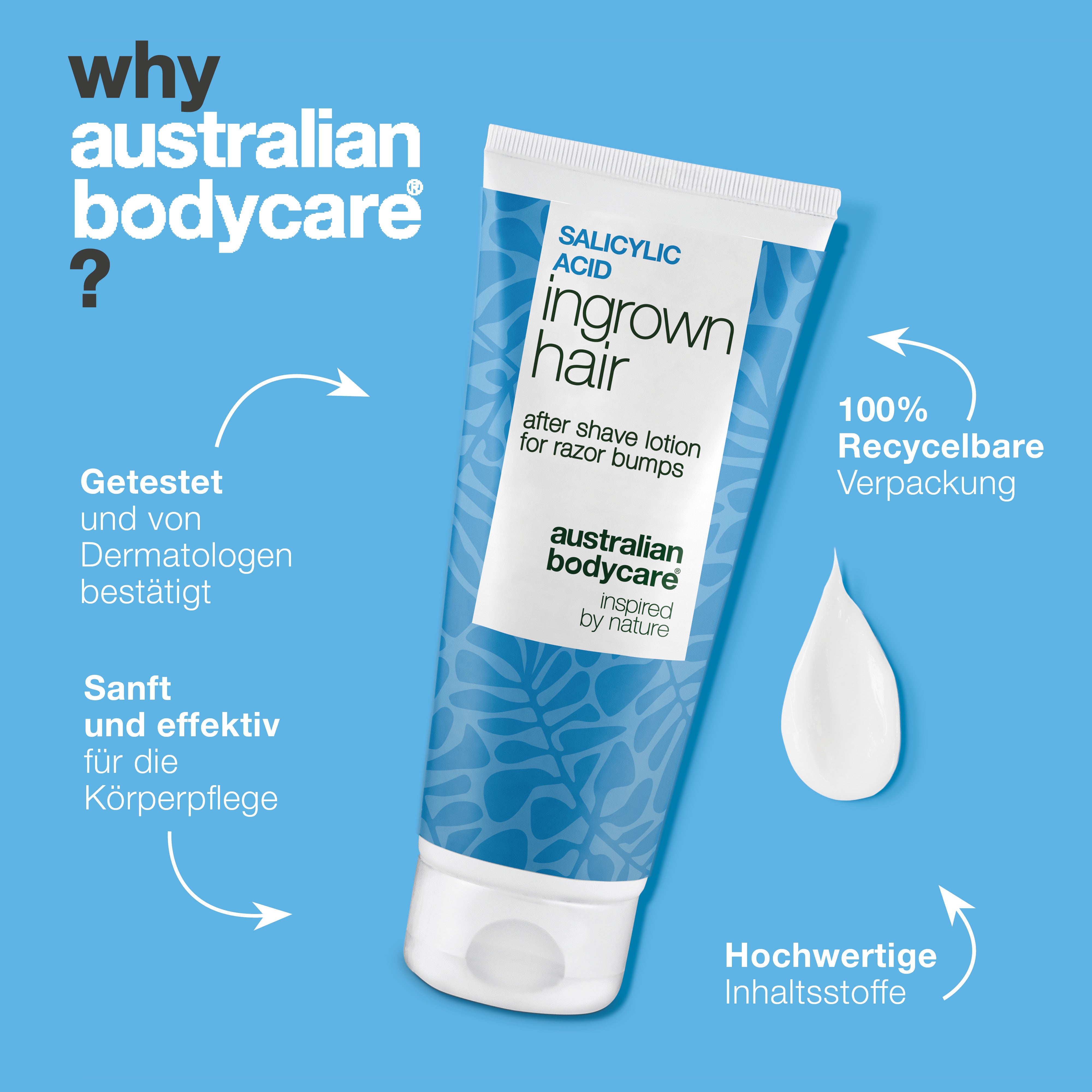 Australian Bodycare Salicylsäure After Shave Lotion in recycelbarer Verpackung. Dermatologisch getestet, sanft zur Haut und wirksam in der Körperpflege – mit hochwertigen Inhaltsstoffen.