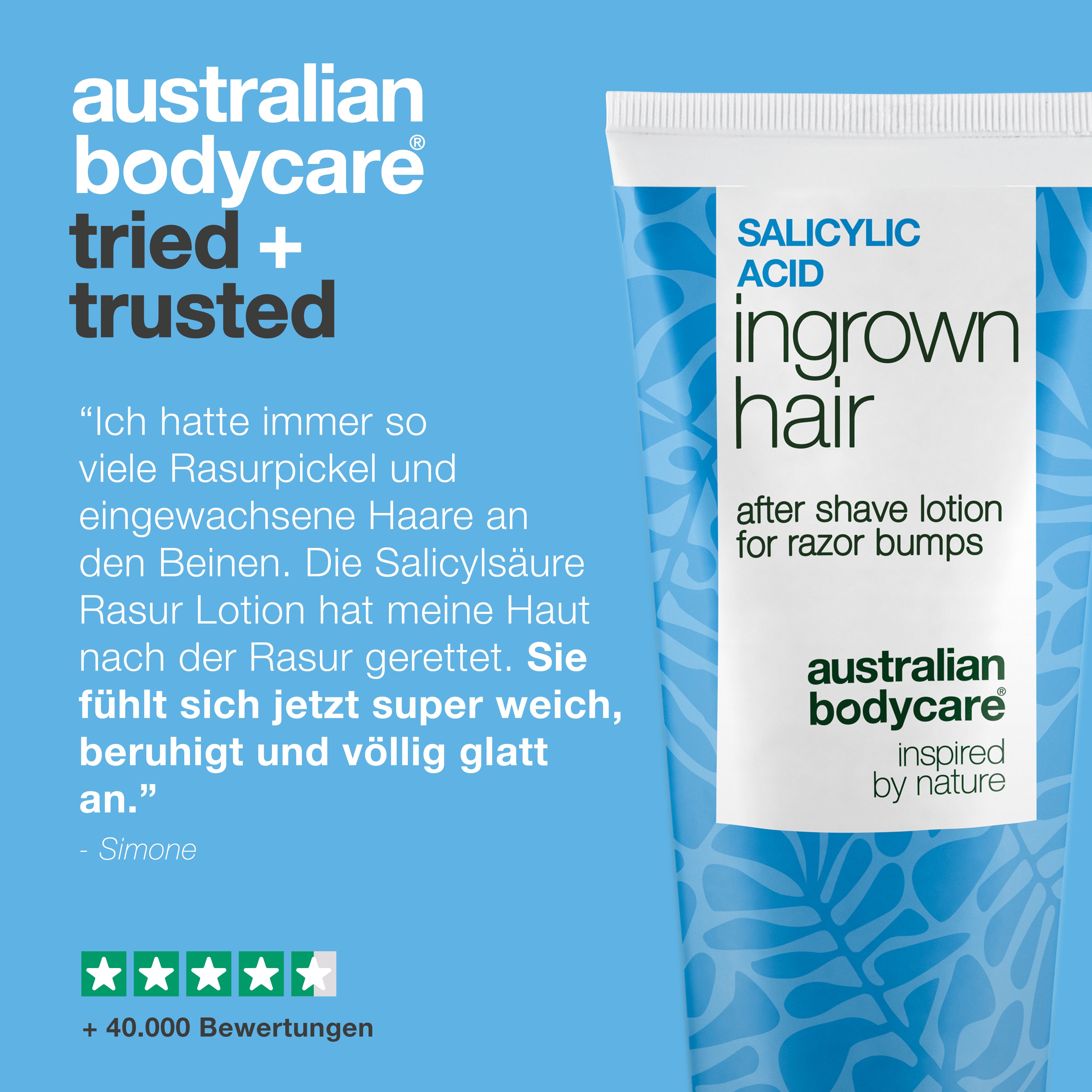 Australian Bodycare Salicylsäure After Shave Lotion gegen eingewachsene Haare und Rasierpickel. Das Bild zeigt das Produkt zusammen mit einer Kundenbewertung über weichere und beruhigtere Haut nach der Rasur sowie über 40.000 Bewertungen.