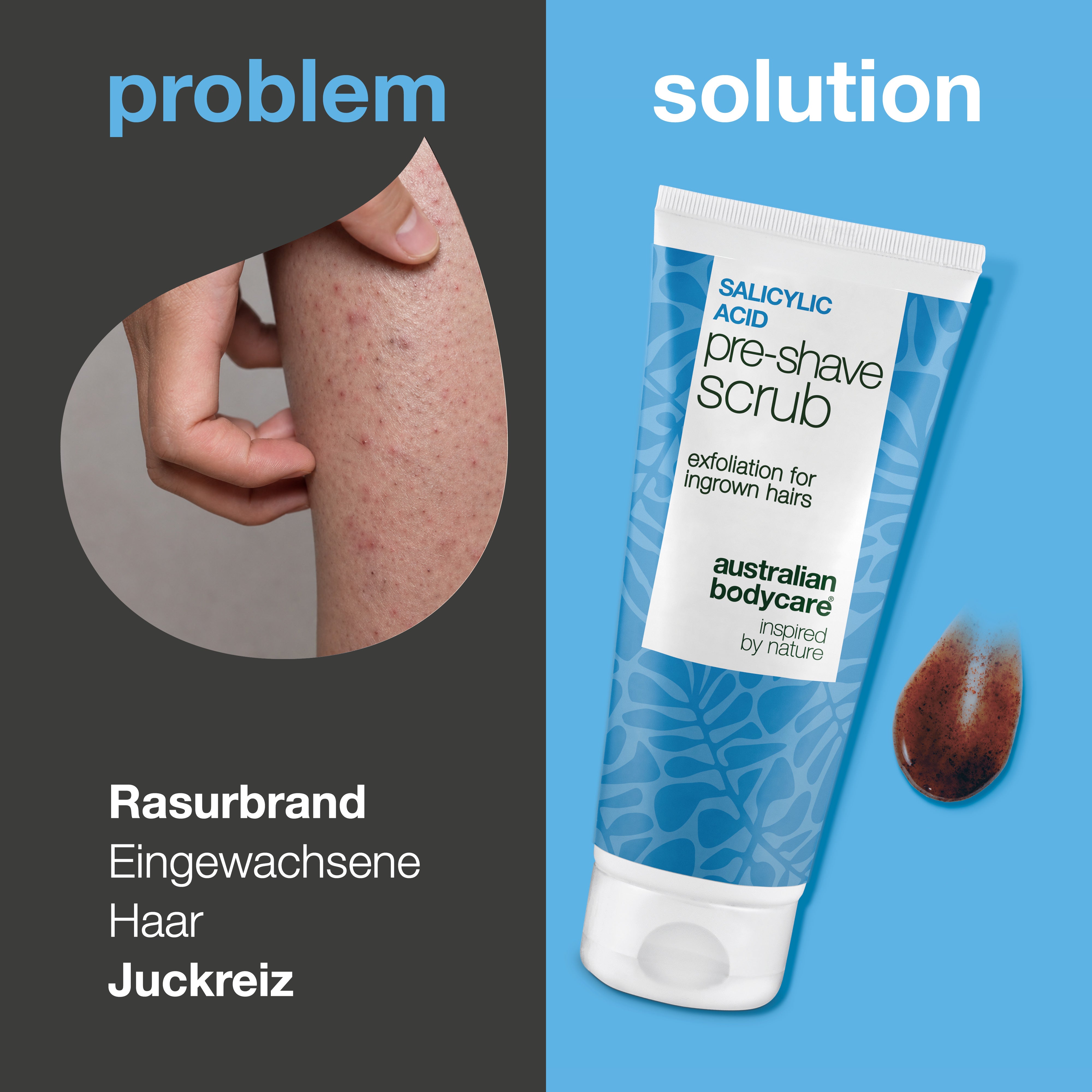 Salizylsäure Pre-shave Scrub gegen eingewachsene Haare — Salizylsäure Pre-shave Scrub gegen eingewachsene Haare und Rasierpickel. Für eine glatte Haut ohne Juckreiz. Mit Salizylsäure und AHA.