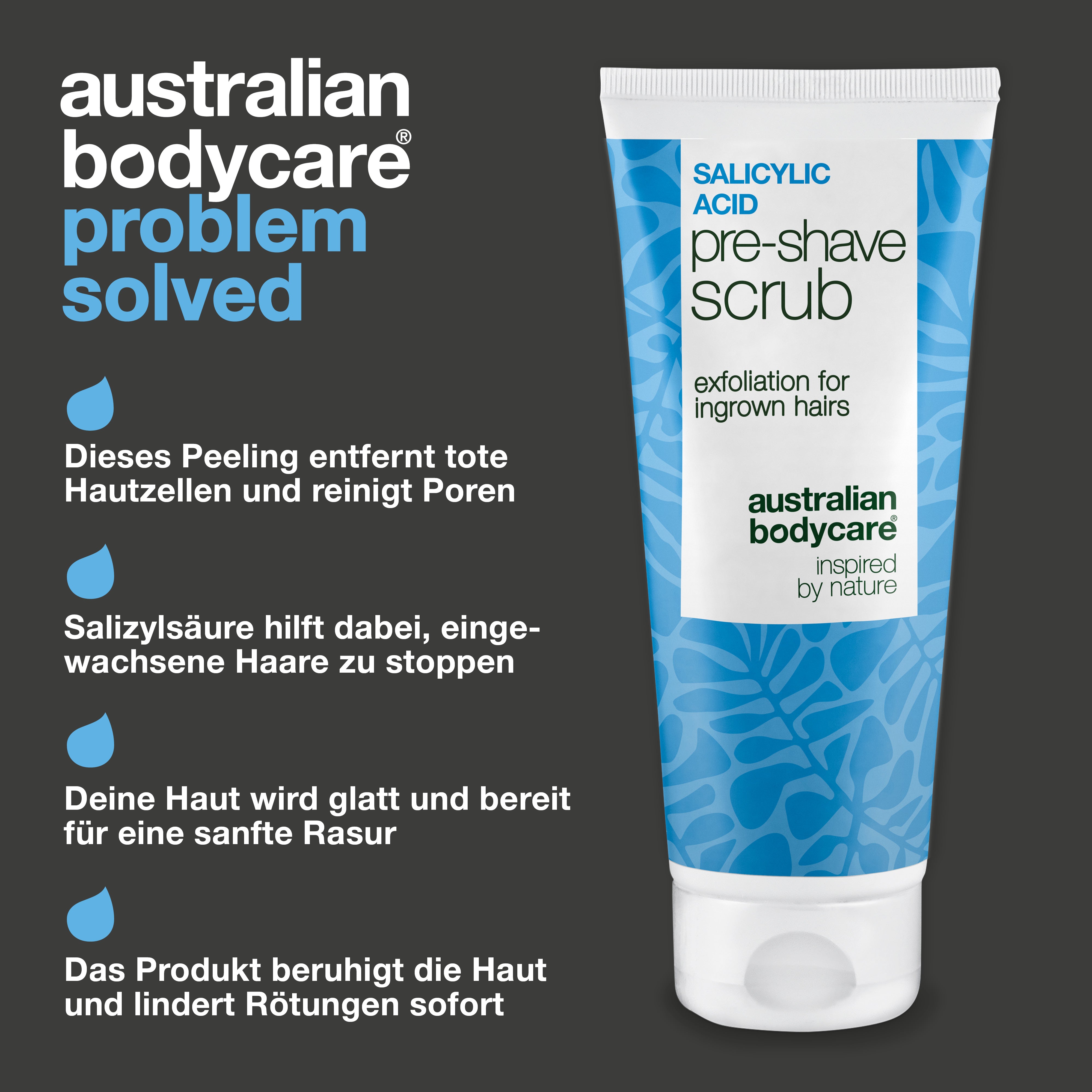 Salizylsäure Pre-shave Scrub gegen eingewachsene Haare — Salizylsäure Pre-shave Scrub gegen eingewachsene Haare und Rasierpickel. Für eine glatte Haut ohne Juckreiz. Mit Salizylsäure und AHA.