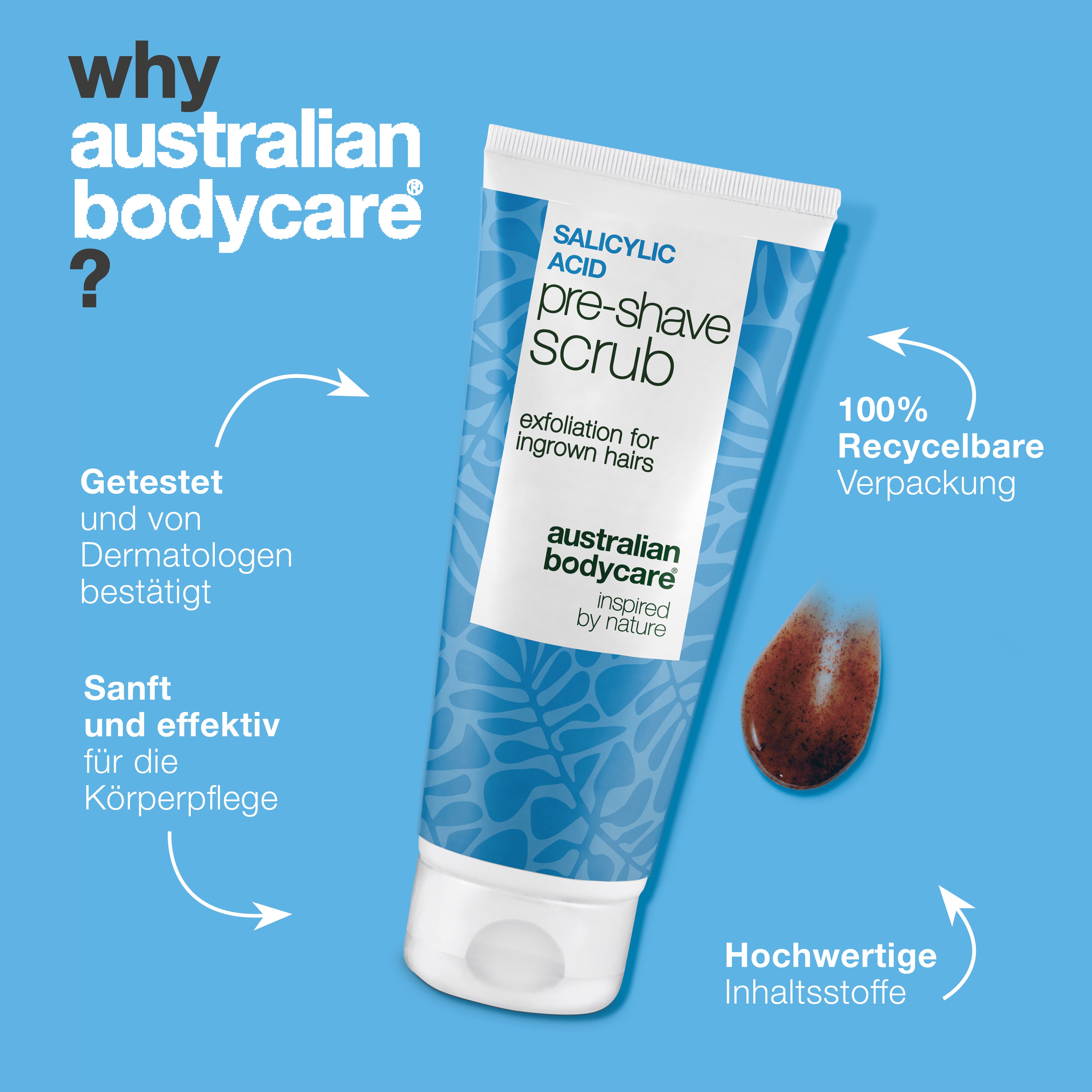 Salizylsäure Pre-shave Scrub gegen eingewachsene Haare — Salizylsäure Pre-shave Scrub gegen eingewachsene Haare und Rasierpickel. Für eine glatte Haut ohne Juckreiz. Mit Salizylsäure und AHA.