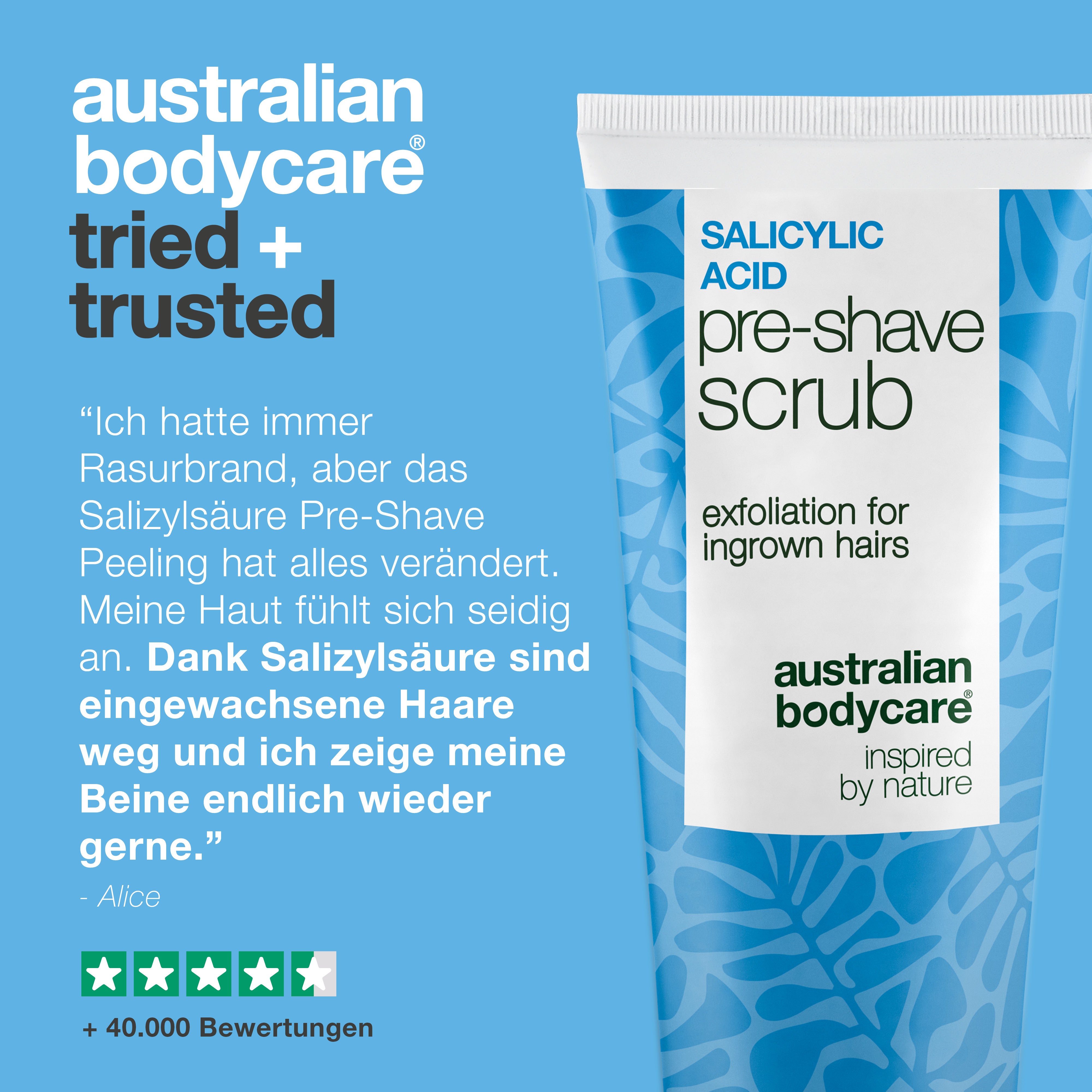 Salizylsäure Pre-shave Scrub gegen eingewachsene Haare — Salizylsäure Pre-shave Scrub gegen eingewachsene Haare und Rasierpickel. Für eine glatte Haut ohne Juckreiz. Mit Salizylsäure und AHA.