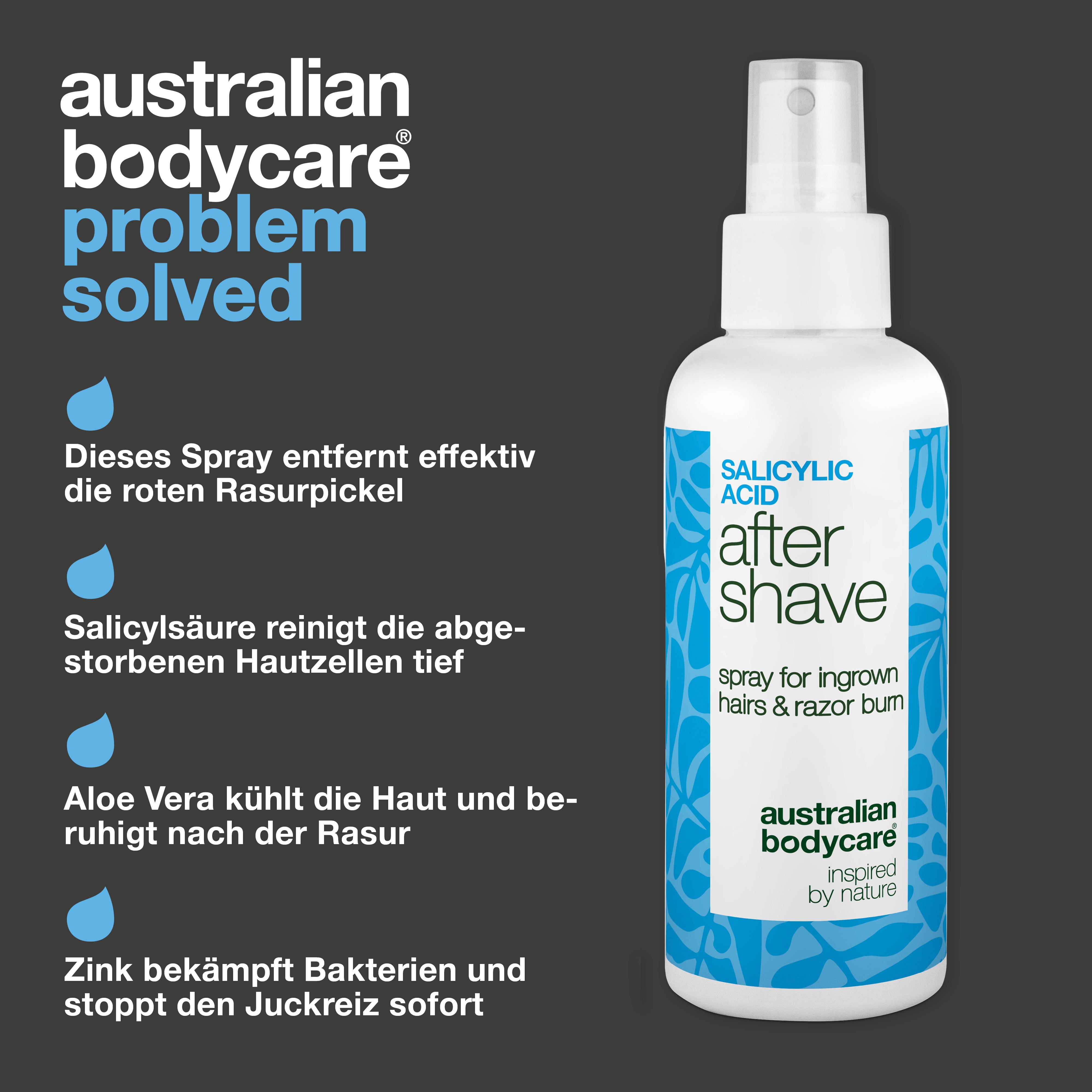 Salicylsäure After Shave Spray gegen Rasierpickel — After Shave Spray gegen Rasurbrand und eingewachsene Haare. Beruhigt Juckreiz mit Salicylsäure und Aloe Vera. Für glatte Haut.