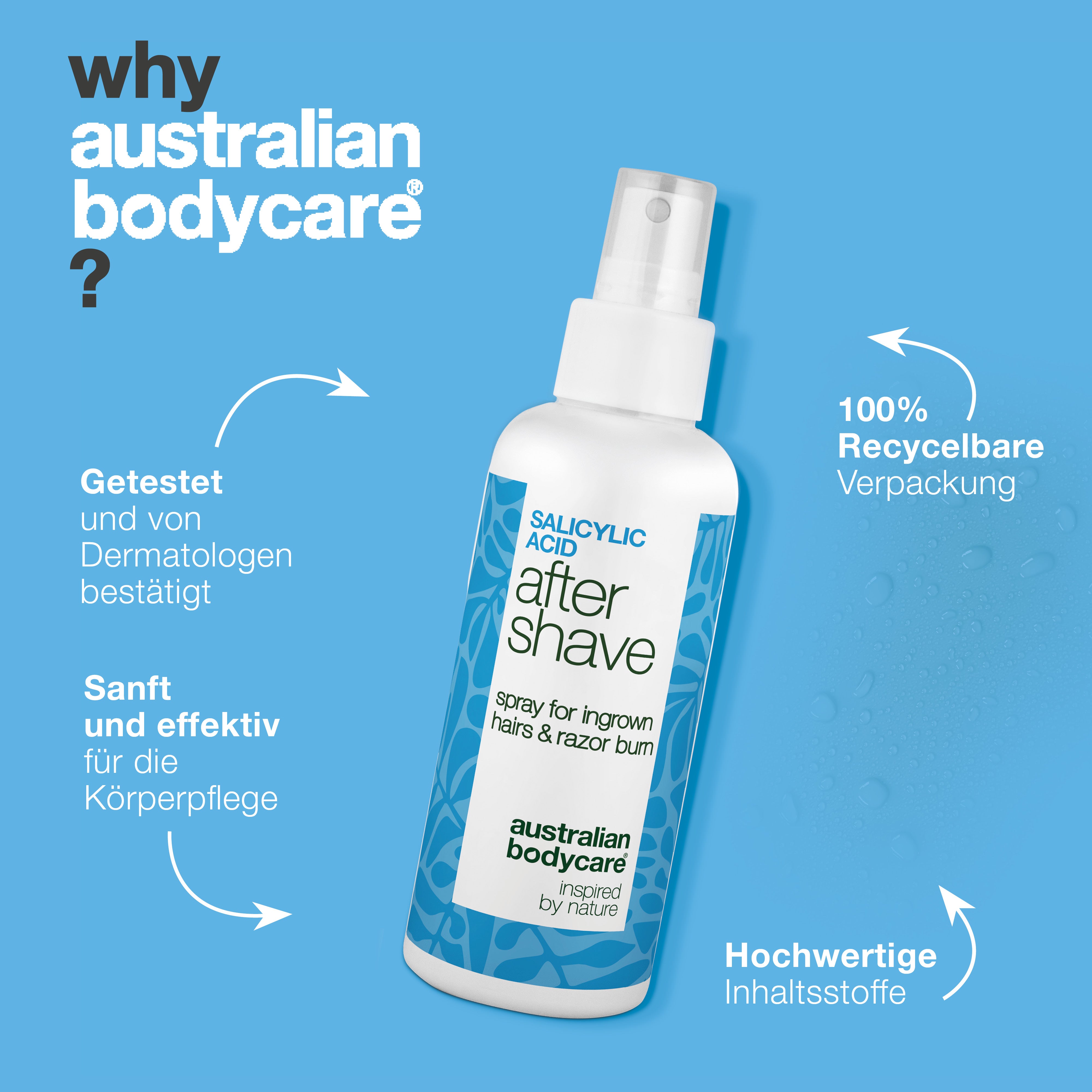 Salicylsäure After Shave Spray gegen Rasierpickel — After Shave Spray gegen Rasurbrand und eingewachsene Haare. Beruhigt Juckreiz mit Salicylsäure und Aloe Vera. Für glatte Haut.