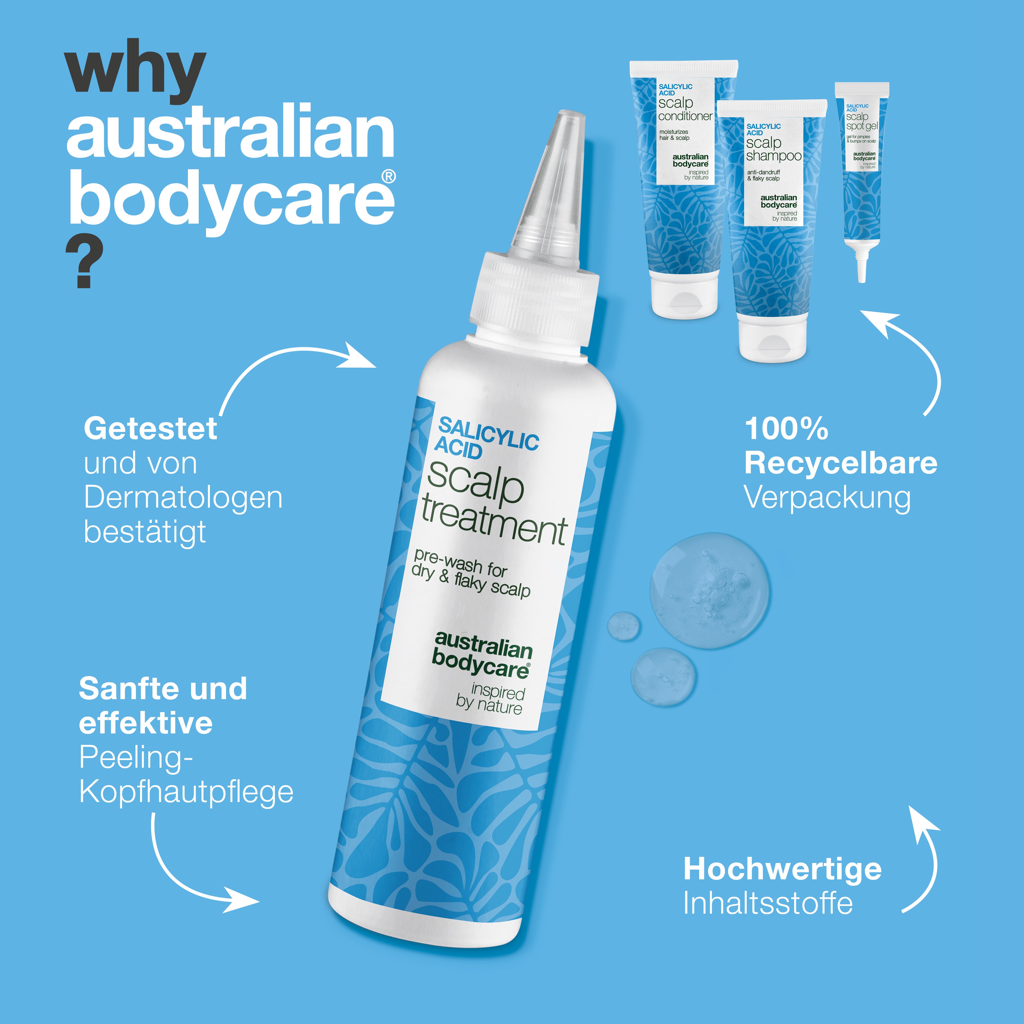 Warum Australian Bodycare: von Dermatologen getestet, sanfte exfolierende Kopfhautpflege und recycelbare Verpackung
