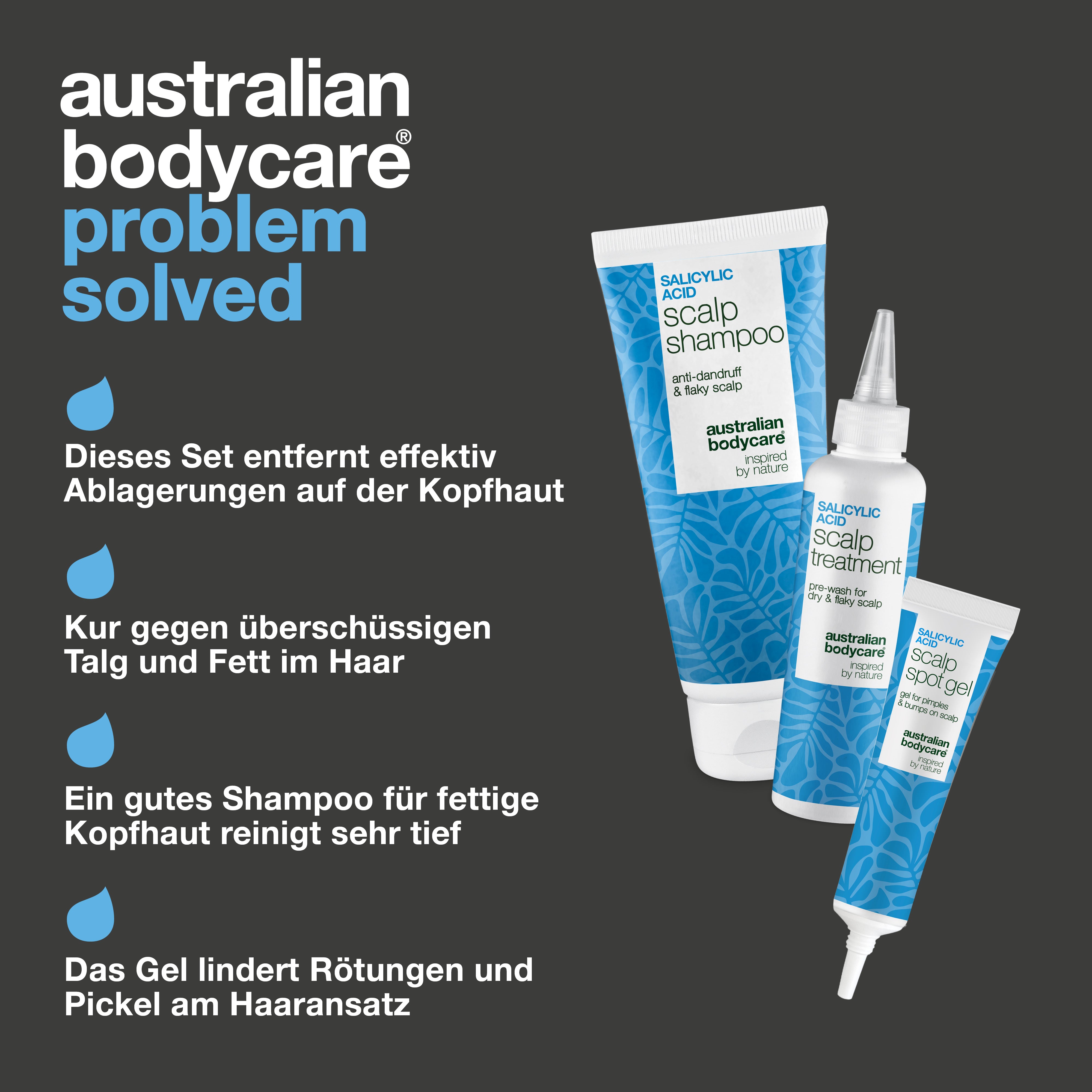 Vorteile des Sets: entfernt Ablagerungen, die Kur wirkt gegen Talg, tiefenreinigendes Shampoo für fettige Kopfhaut und Spot Gel