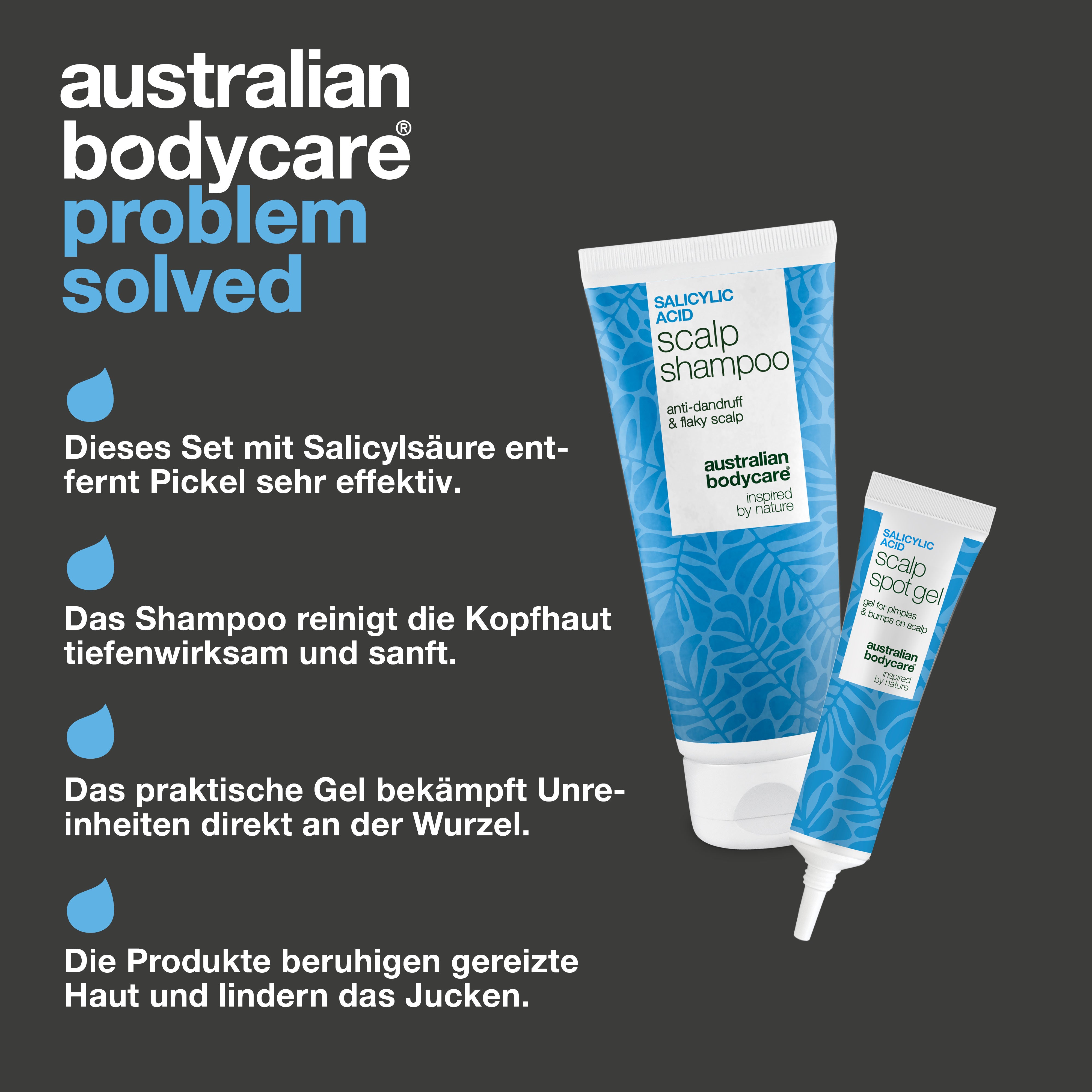Vorteile des Sets: tiefenreinigendes Shampoo und ein Salicylsäure Spot Gel, das schmerzende Pickel und Knötchen beruhigt