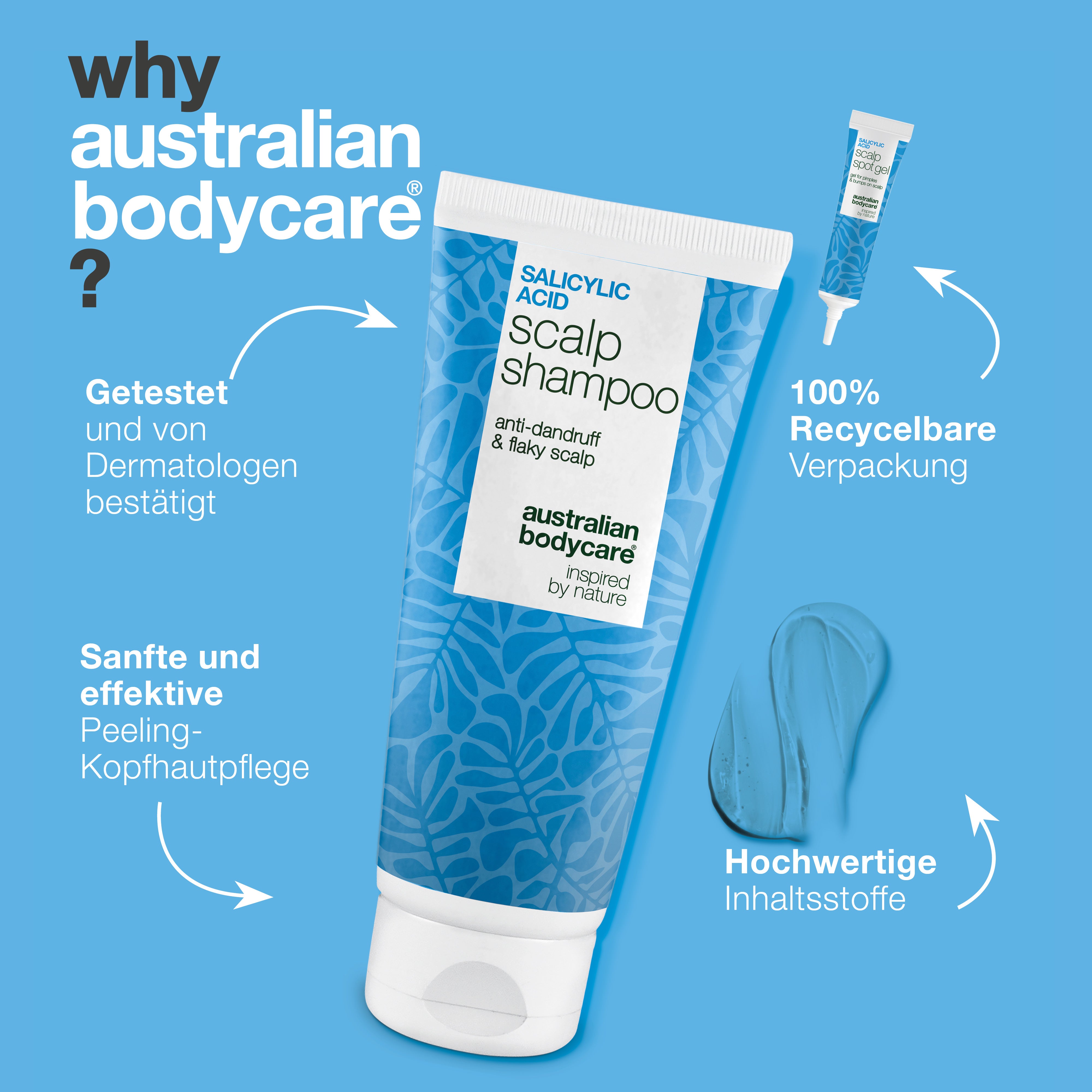 Warum Australian Bodycare: von Dermatologen getestet, sanfte exfolierende Kopfhautpflege und recycelbare Verpackung