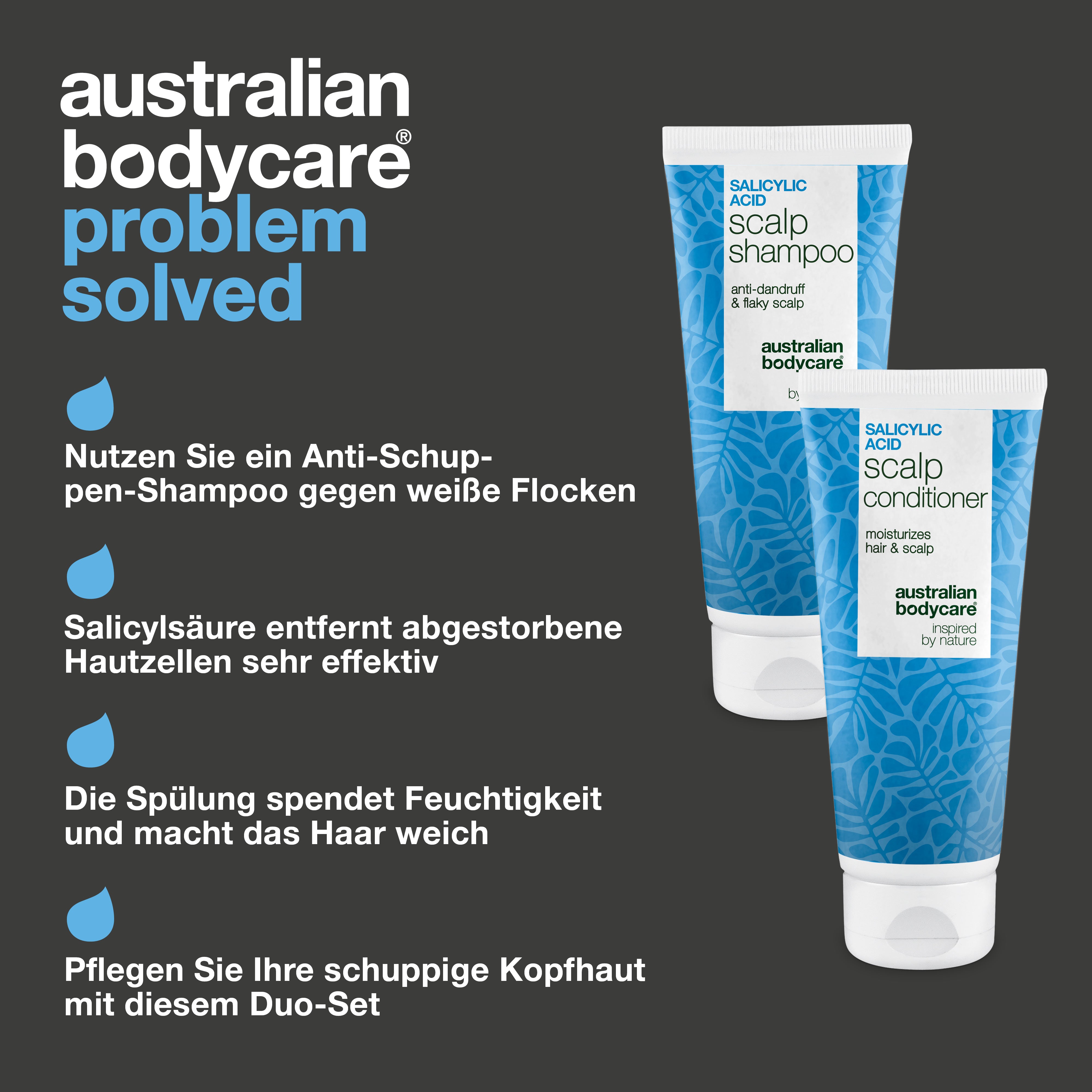 Vorteile des Sets: Anti-Schuppen-Shampoo, Salicylsäure entfernt abgestorbene Hautzellen, der Conditioner spendet Feuchtigkeit