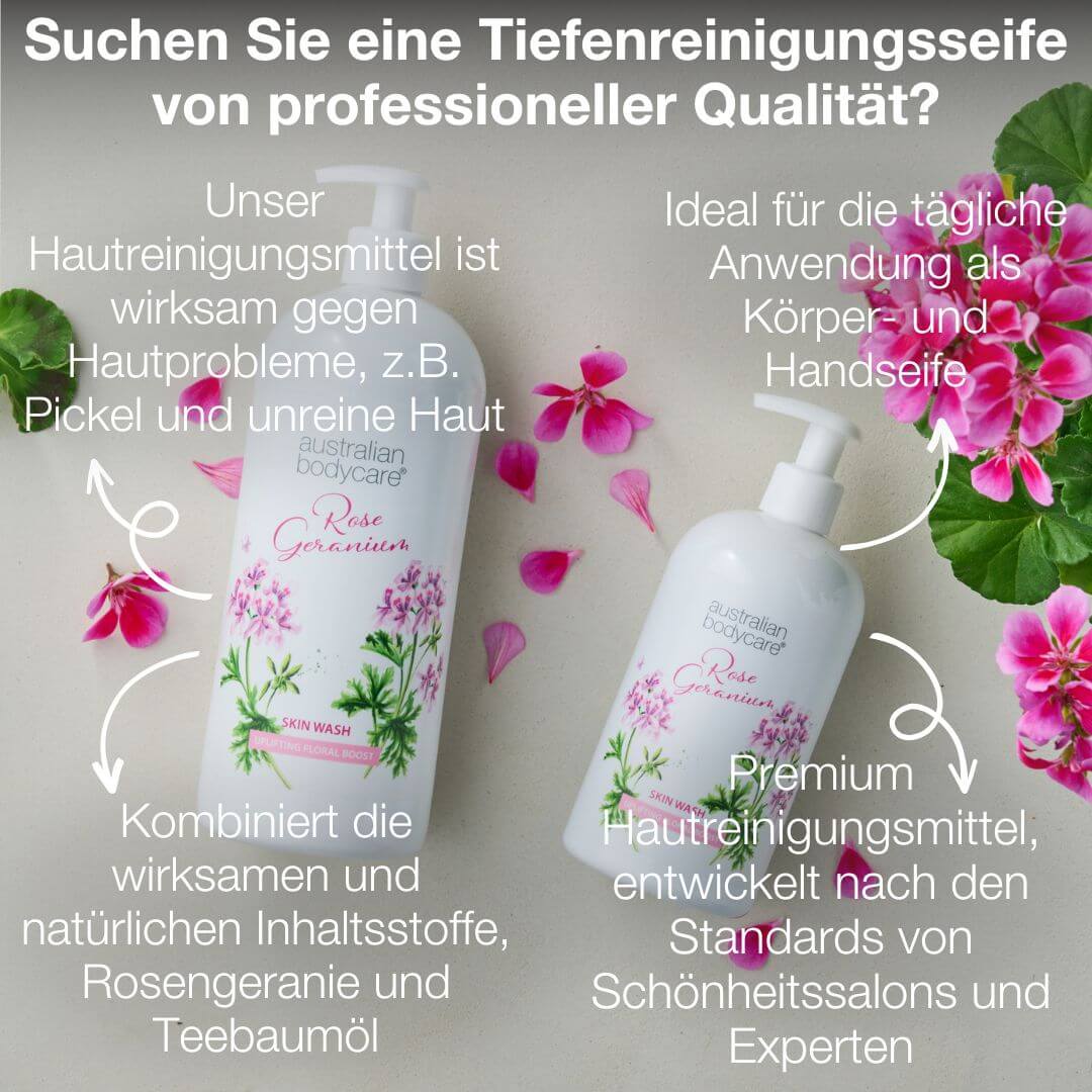 Professionelle Rose Geranium Skin Wash — Professionellen Duschgel mit Teebaumöl und Rose Geranium