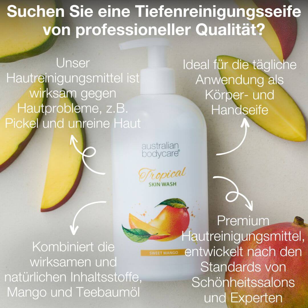 Tropical Skin Wash mit Mango — Duschgel mit Teebaumöl und Mango für eine saubere und gesunde Haut