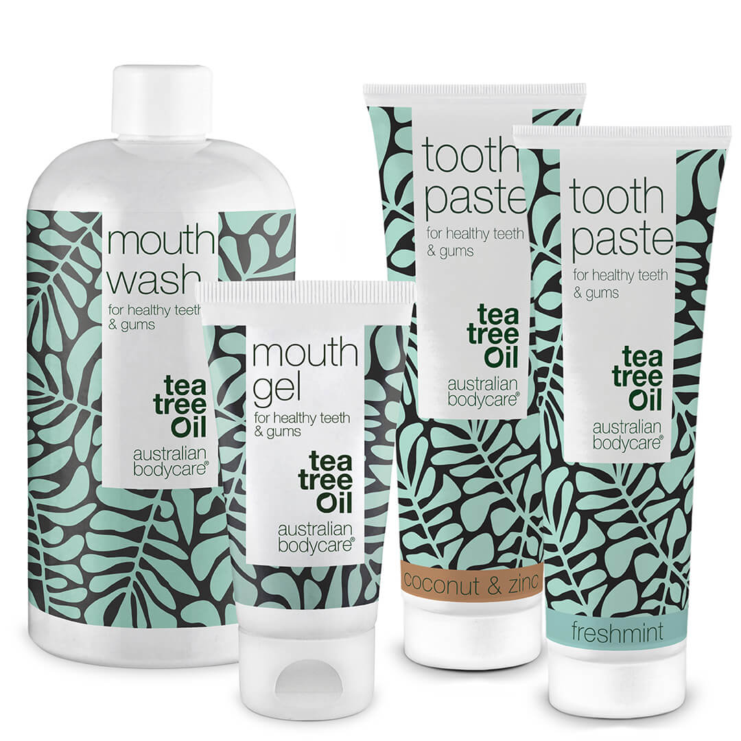 4 Produkte für eine gute Mundhygiene - Mundprodukte mit Teebaumöl bei Problemen an Zunge, Zähnen und Zahnfleisch