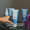 Video: After Shave Spray, Pre-shave Scrub, Ingrown Hair Lotion und Shave Gel stehen auf einem Tisch neben einem Rasierer und einer Orchidee, mit dem Text „Aftershave-Lotion gegen eingewachsene Haare“. Salicylsäure Aftershave Lotion von Australian Bodycare.