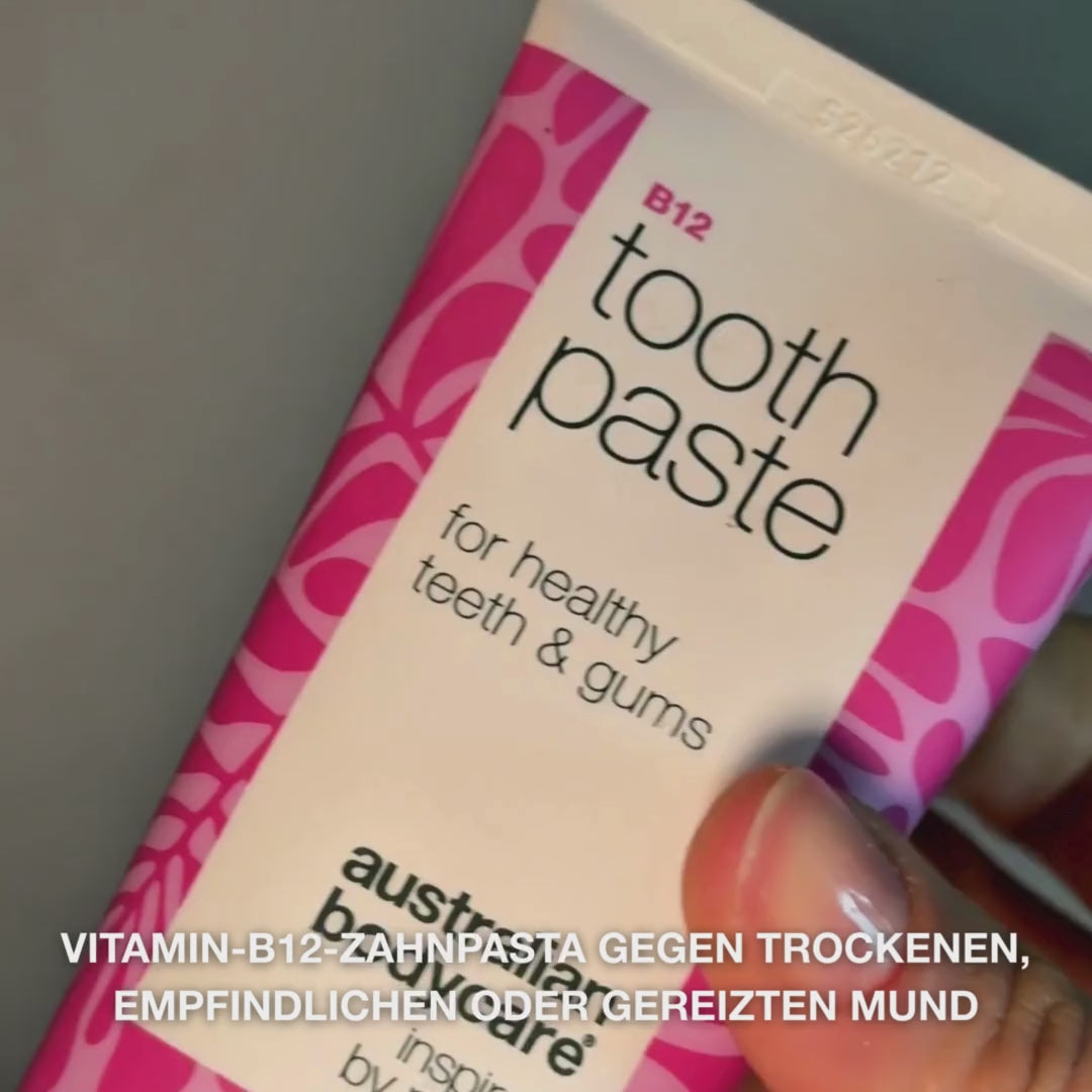 Vitamin B12 Zahnpasta gegen trockenen Mund und empfindliches Zahnfleisch. Mit B12, Fluorid, Zink und Pfefferminzöl.