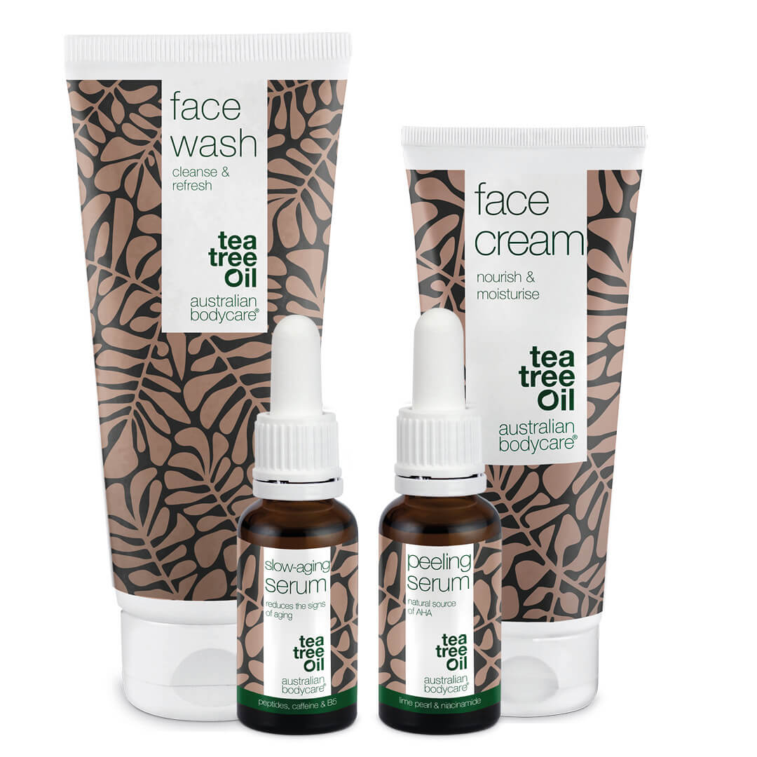 4er Paket mit Anti–Age Produkten für reife Haut (50+) - Anti–Age Serum, Peeling Serum, Reinigung und Gesichtscreme gegen Falten