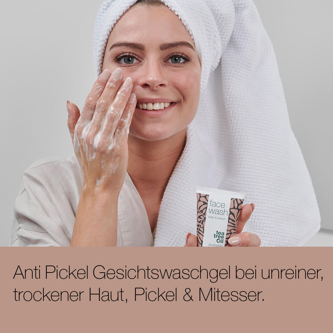 Anti Pickel Waschgel mit Teebaumöl — Gesichtsreinigung bei unreiner, trockener Haut, Pickel & Mitesser im gesicht